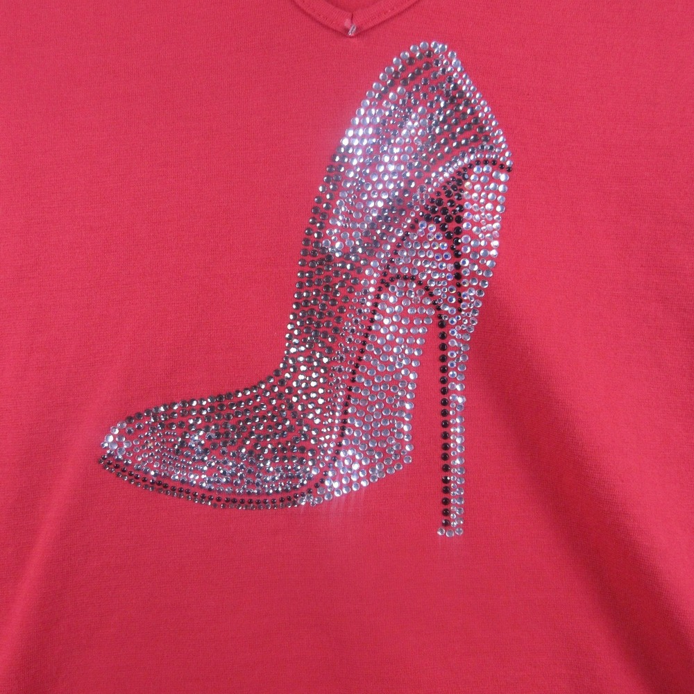 Get Lucky Shirt Womens Medium Red Rhinestone High Heel V‎ Neck Top Y2K